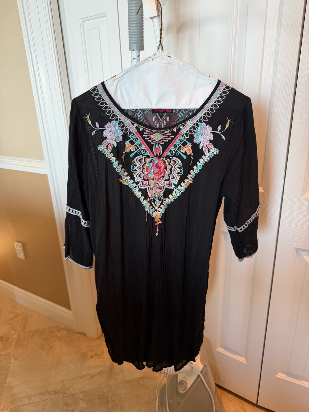 Johnny Was Black Tunic with Multicolor Floral Embroidery